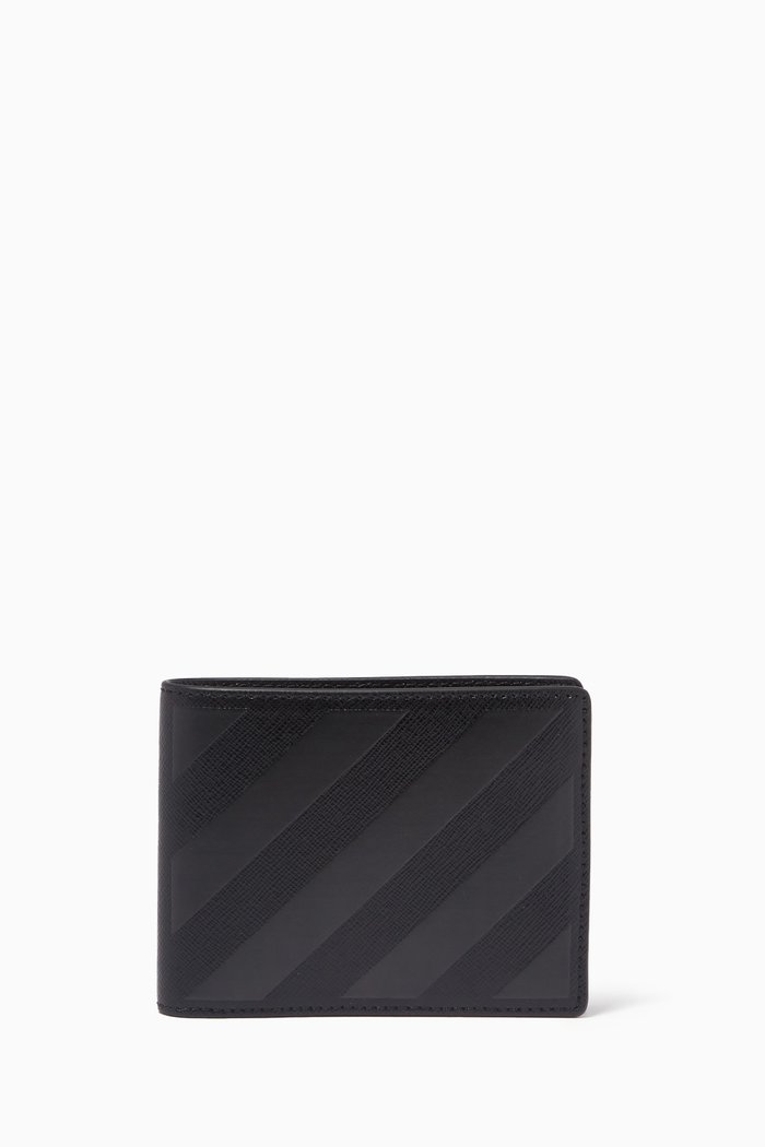 Diagonal Stripe Slim Bi-fold Wallet in Leather, Black