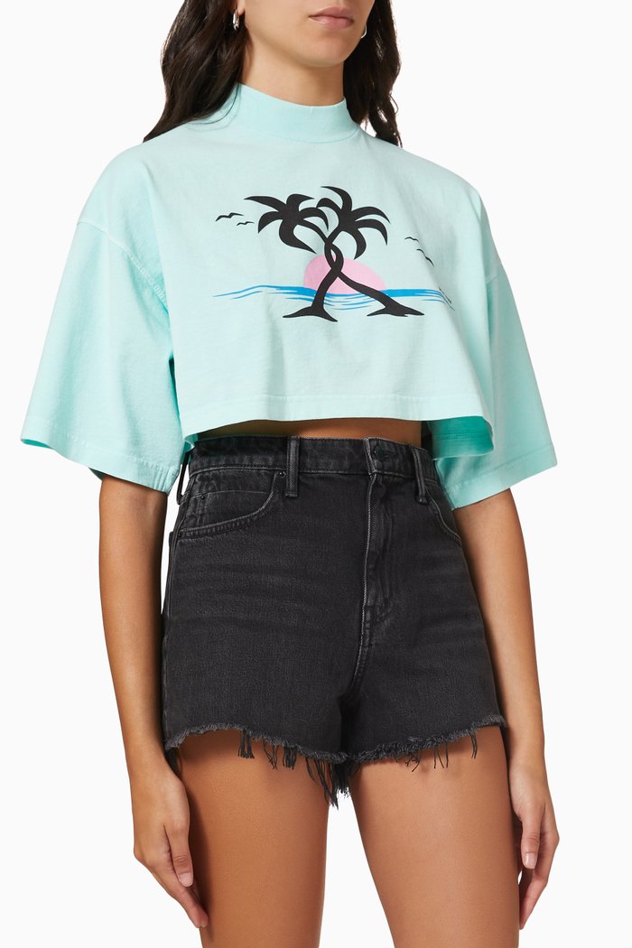 

Hugging Palms Cropped T-shirt in Cotton Jersey, Blue