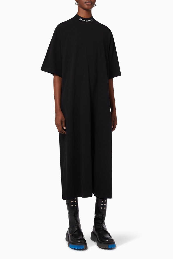 Logo Midi T-shirt Dress in Cotton Jersey, Black