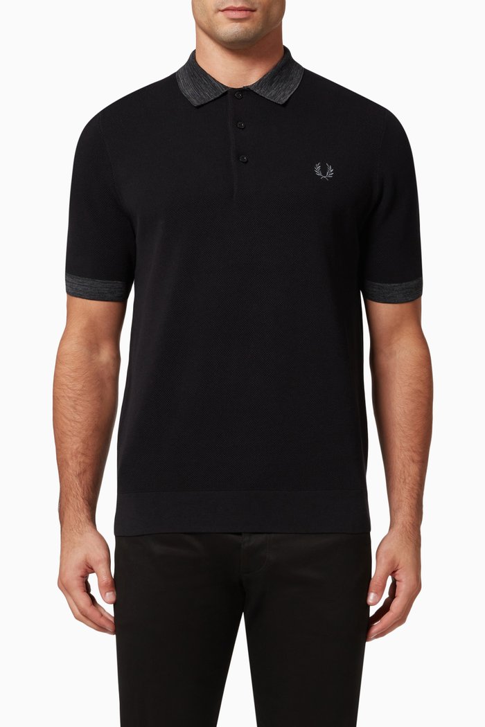

Space Dye Trim Knitted Polo Shirt in Cotton Pique, Black
