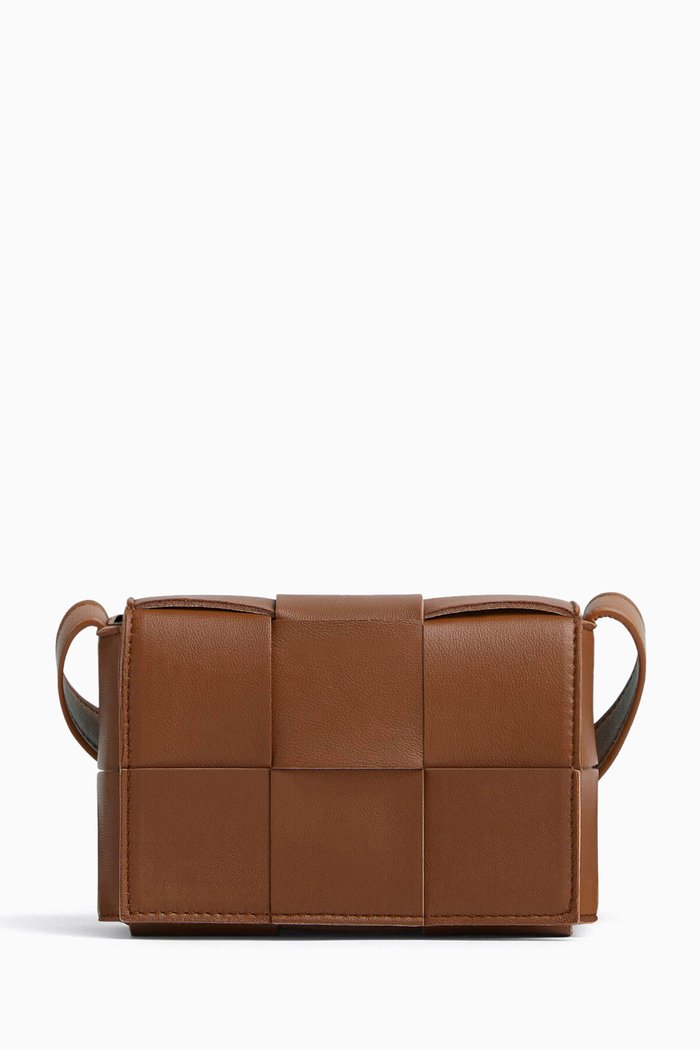 

Mini Cassette Crossbody Bag in Intreccio Nappa, Brown