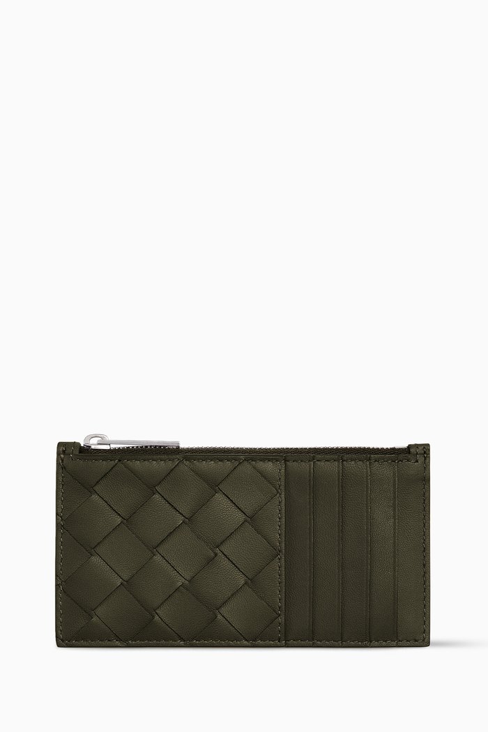 Zipped Card Case in Intrecciato Calfskin, Brown