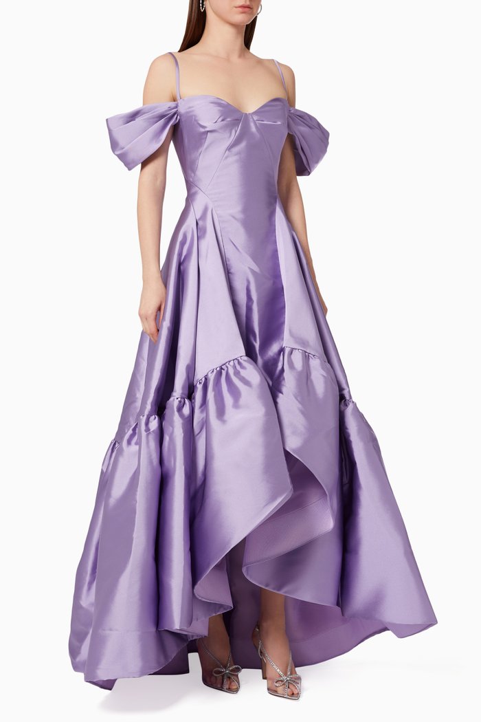 Pleated Gown in Mikado, Purple