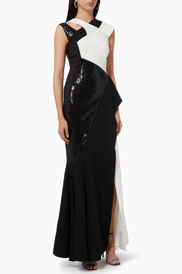 Sequin Block Cut Gown in Silk, White