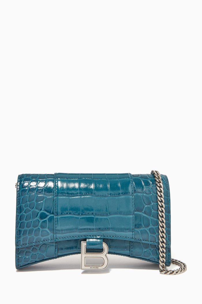 Hourglass Wallet on Chain in Crocodile Embossed Calfskin, Blue