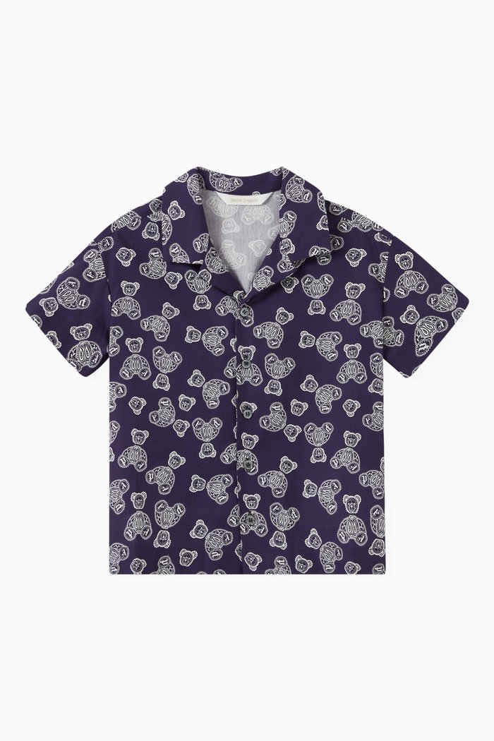 Paisley Teddy Bear Bowling Shirt in Cotton, Blue