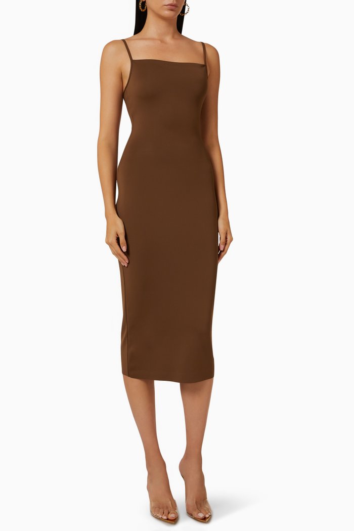 

Scuba Spaghetti Midi Dress in Nylon, Brown