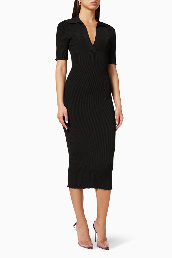 

Short Sleeve Polo Dress in Rib Knit, Black