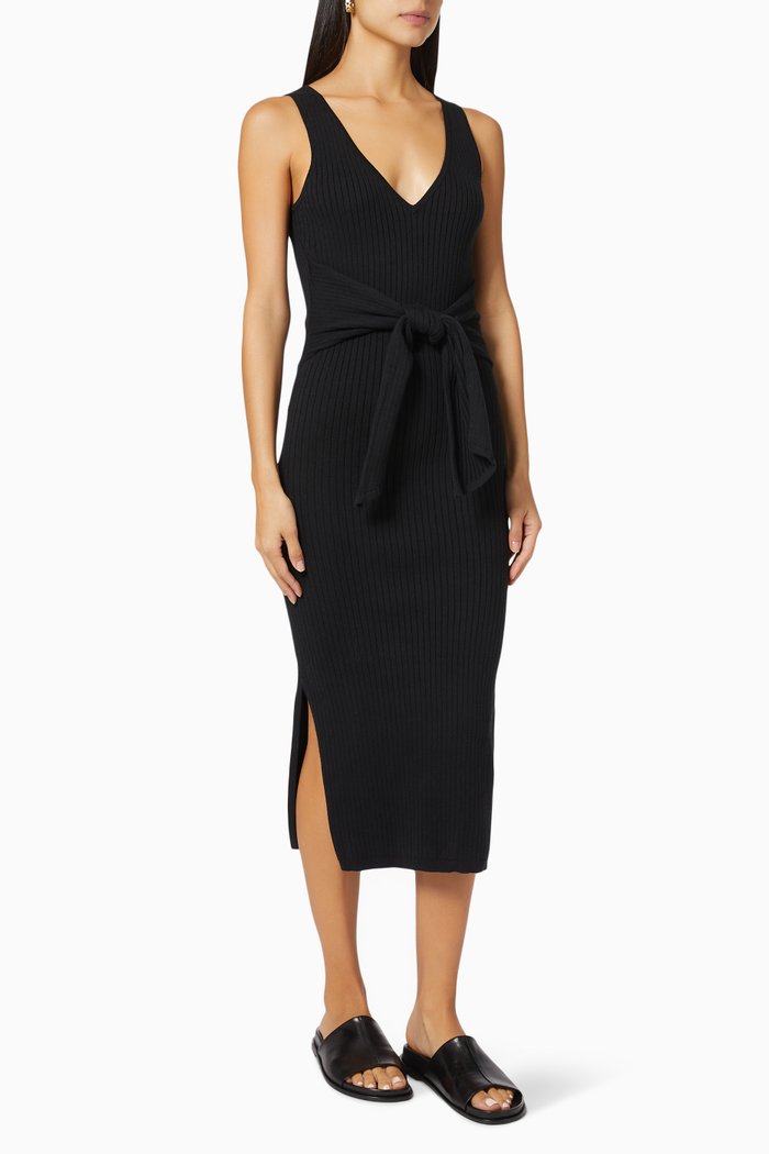 

Belted Body Dress in Ribbed Knit, Black