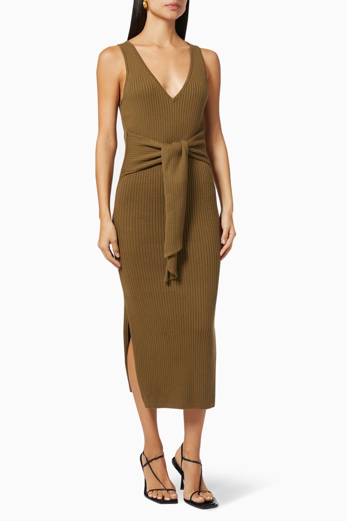

Belted Body Dress in Ribbed Knit, Green