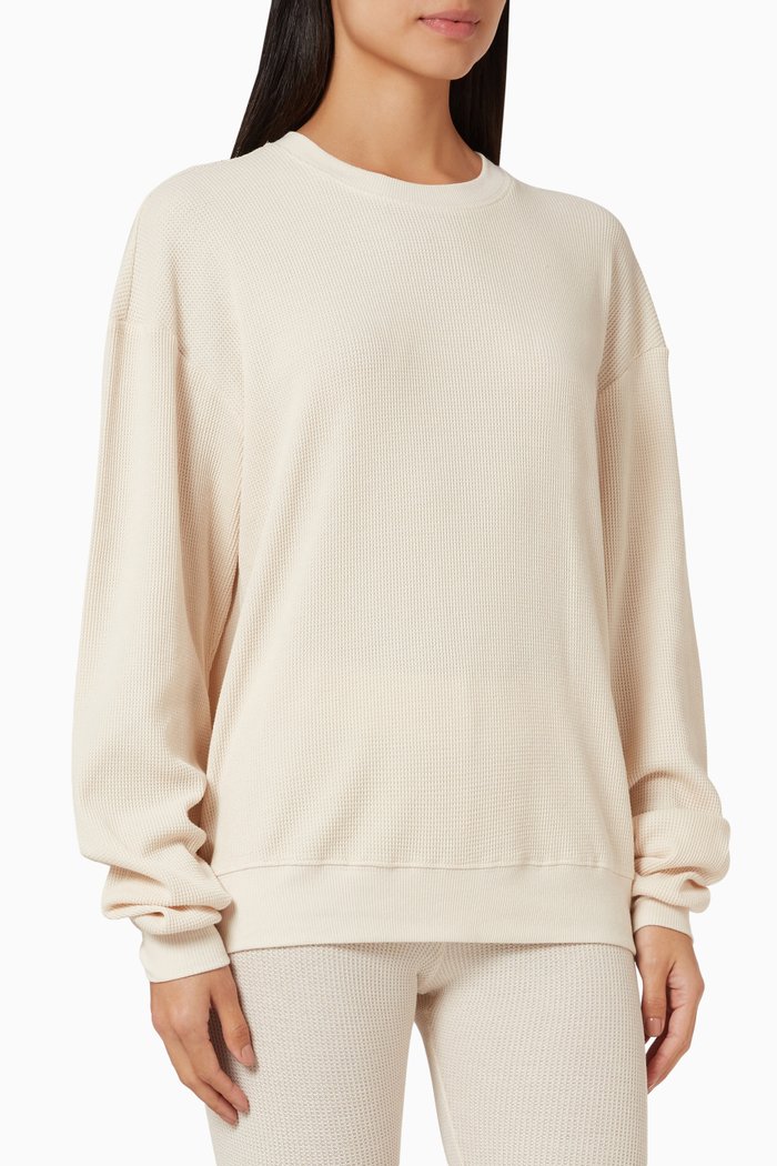 Thermal Boyfriend Sweatshirt in Waffle Knit, White