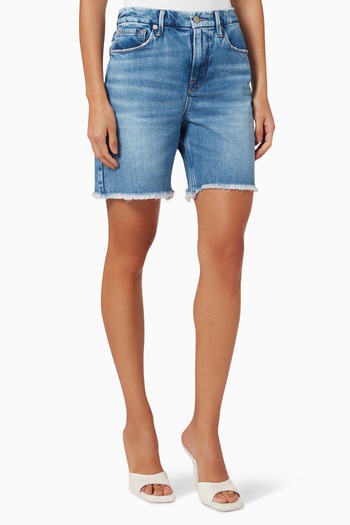 Good Icon Frayed Shorts in Cotton Denim, Blue