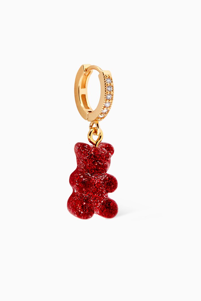 

Nostalgia Bear Single Earring in 18kt Gold Plating & Glitter Resin, Red