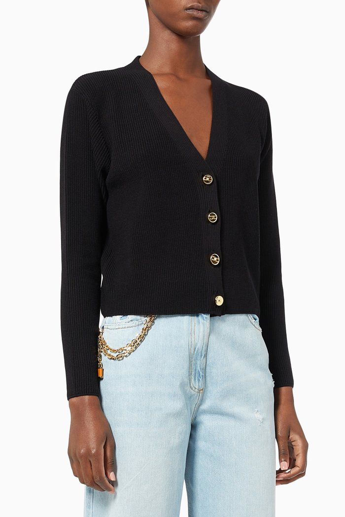 

Short Buttoned Cardigan in Viscose Rib-knit, Black