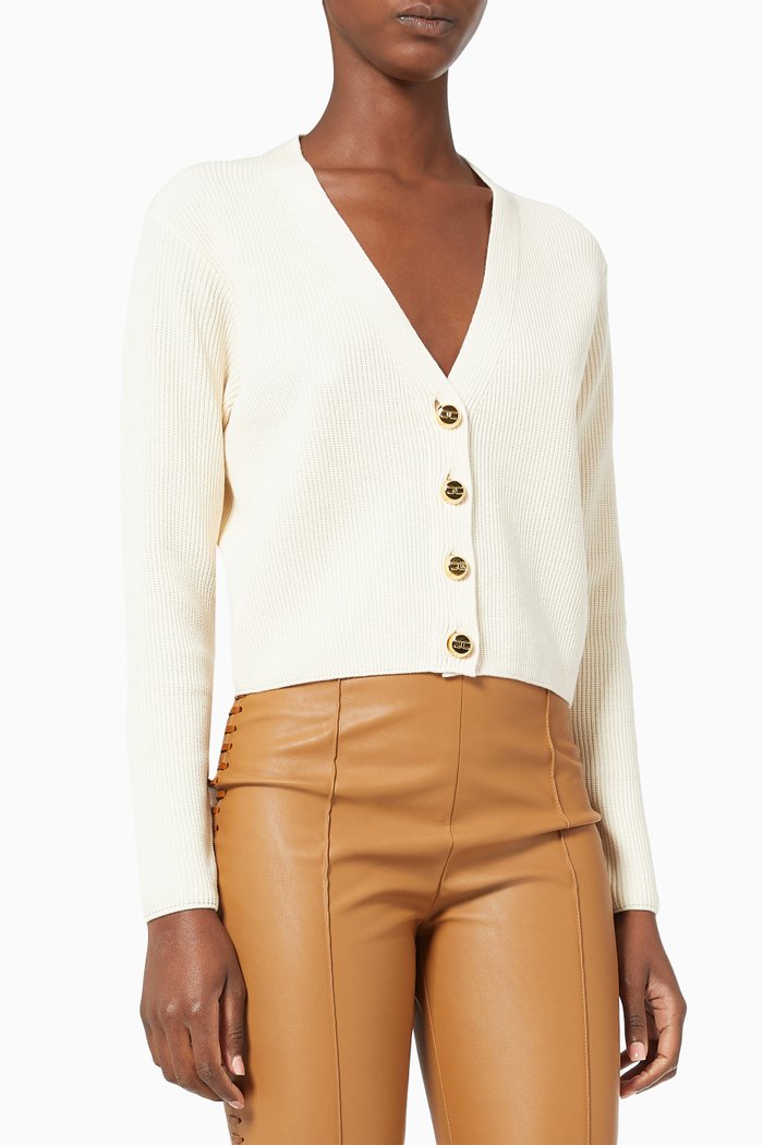 

Short Buttoned Cardigan in Viscose Rib-knit, Neutral