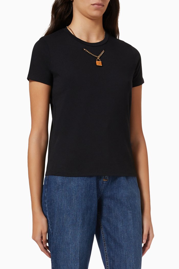 T-shirt with Double Chain Necklace in Cotton, Black
