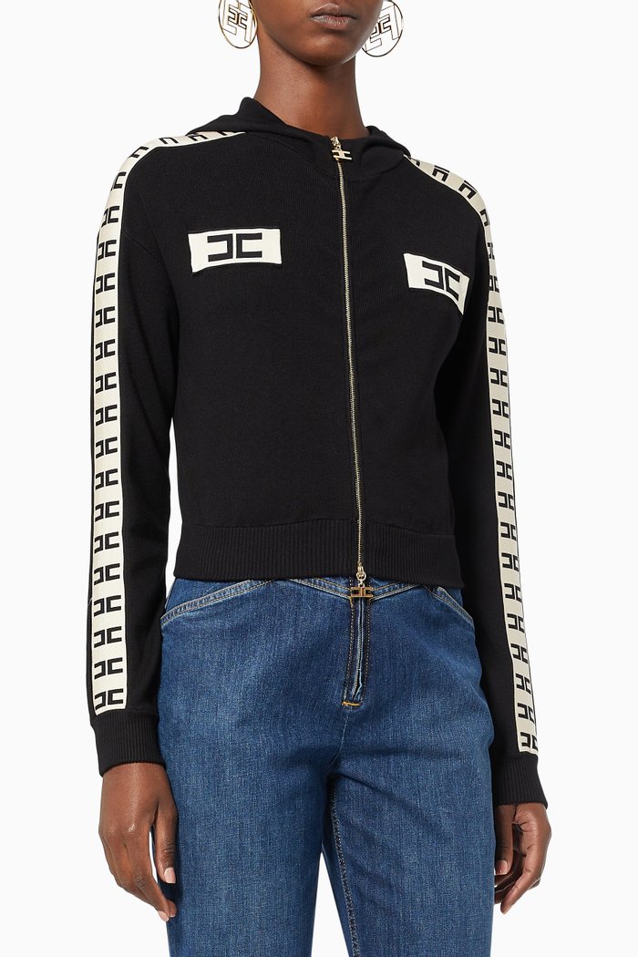 

Logo Tab Hooded Zip Cardigan in Viscose Knit, Black
