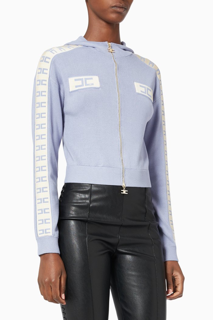 

Logo Tab Hooded Zip Cardigan in Viscose Knit, Purple