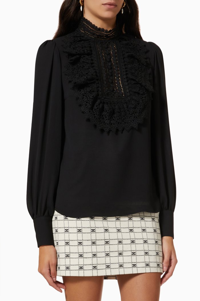 

High Lace Collar Blouse in Georgette Fabric, Black