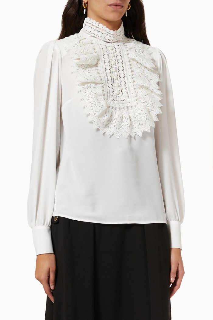 

High Lace Collar Blouse in Georgette Fabric, White