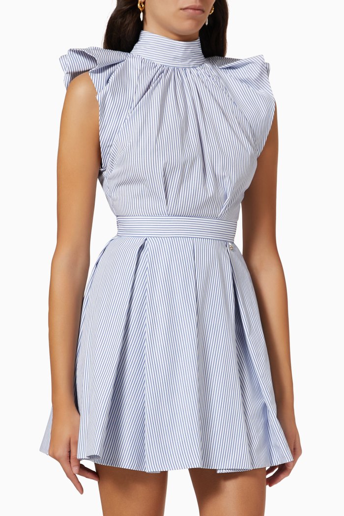 

Babydoll Dress in Striped Cotton Poplin, Blue