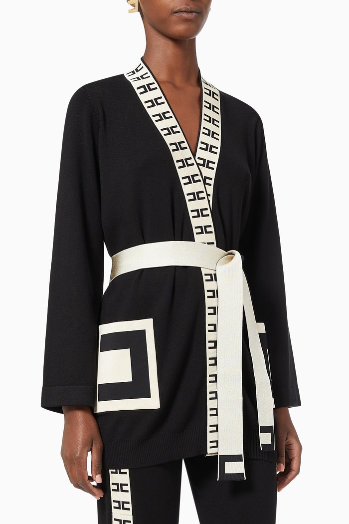 

Jacquard Logo Kimono Cardigan in Viscose Knit, Black