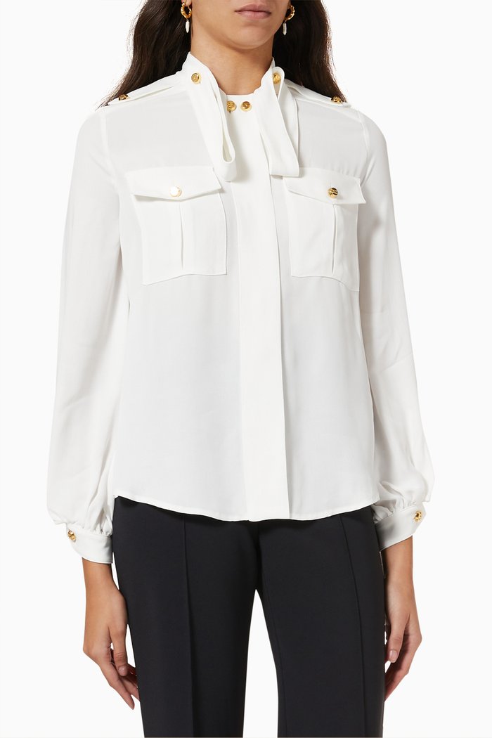 

Collared Blouse with Pockets in Georgette Fabric, White