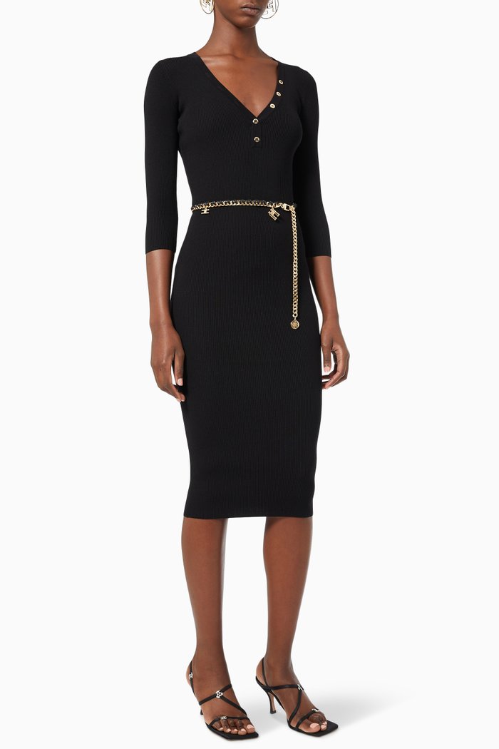 

Midi Dress with Belt in Ribbed Viscose Knit, Black