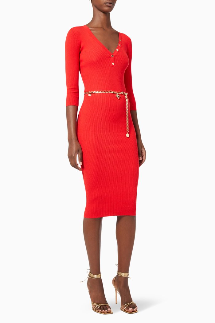

Midi Dress with Belt in Ribbed Viscose Knit, Red