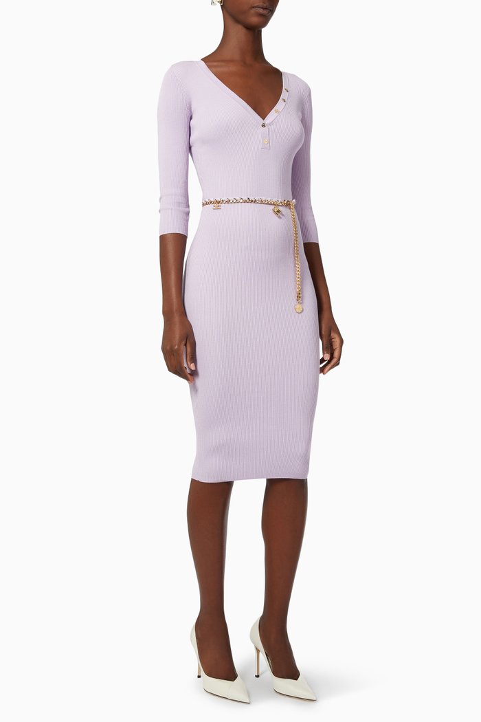 

Midi Dress with Belt in Ribbed Viscose Knit, Purple