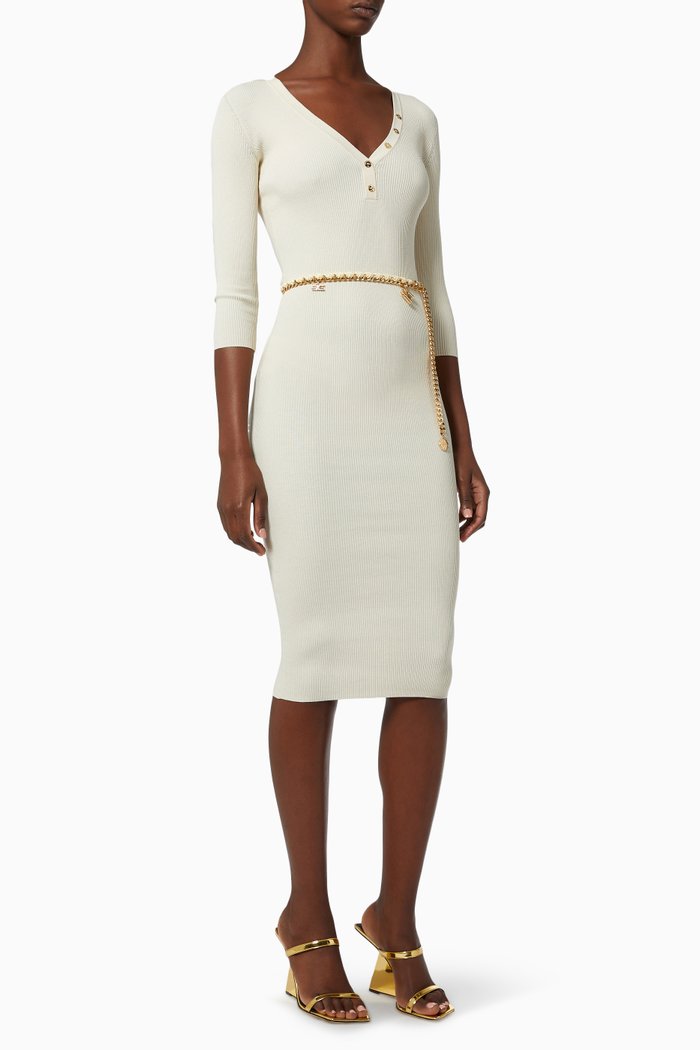 

Midi Dress with Belt in Ribbed Viscose Knit, Neutral