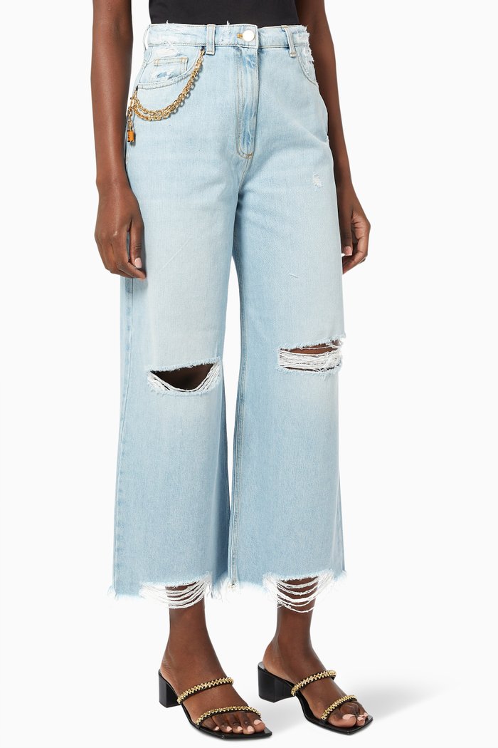 

Cropped Jeans with Ripped Details in Cotton Denim, Blue