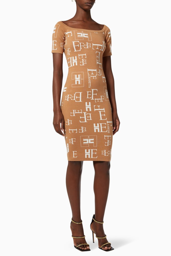 

Pencil Dress in Lettering Knit, Brown