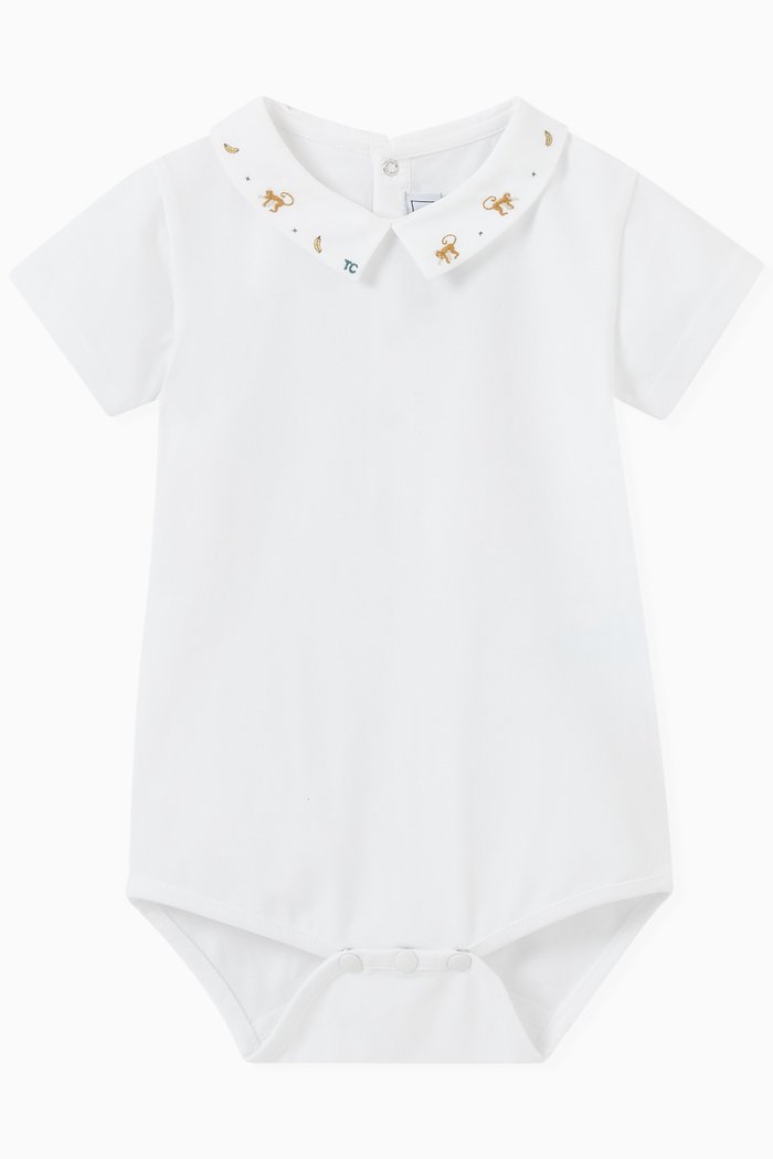 

Animal Embroidered Collar Bodysuit in Cotton, White