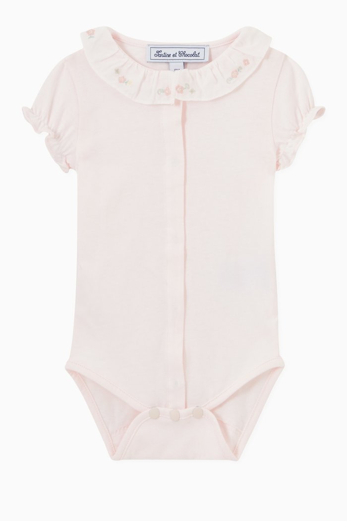 

Embroidered Ruffle Bodysuit in Cotton Jersey, Pink