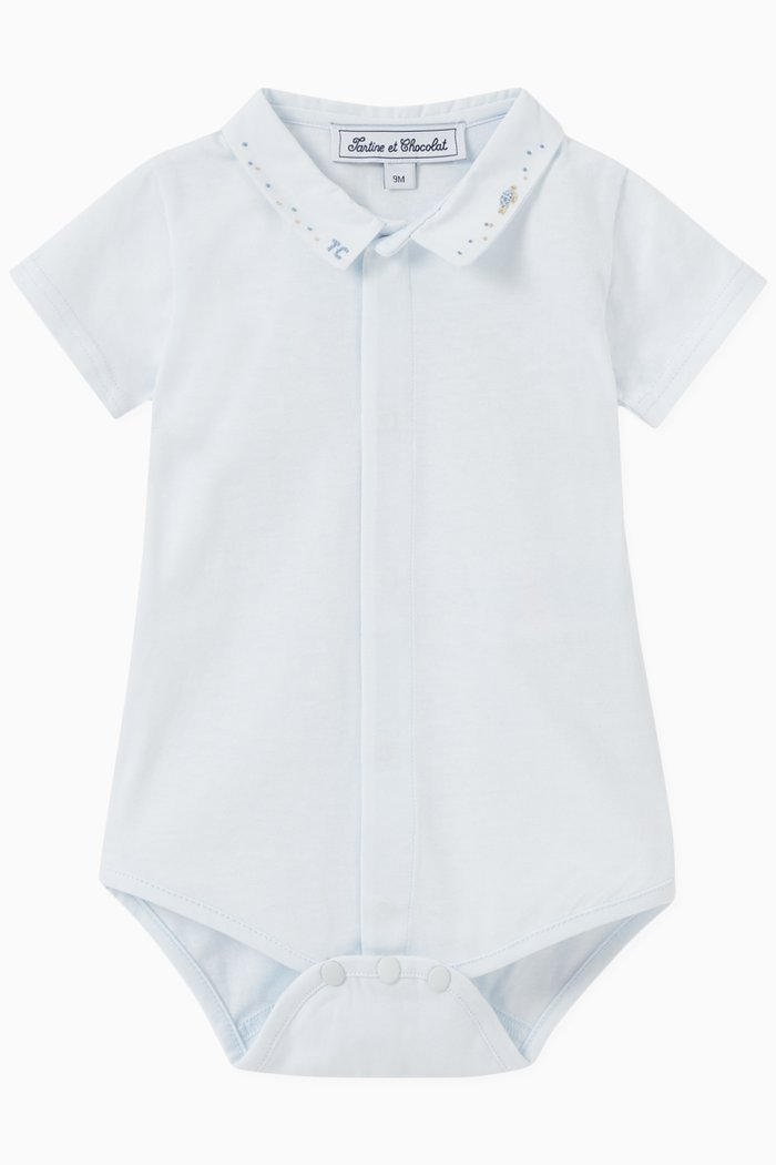 

Animal Embroidered Collar Bodysuit in Cotton Jersey, Blue