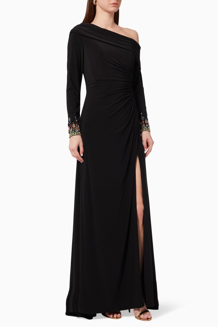 

One-shoulder Embellished Gown in Jersey, Black