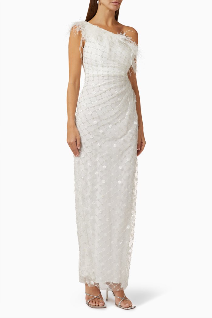 

Embellished One-shoulder Gown in Tulle, White
