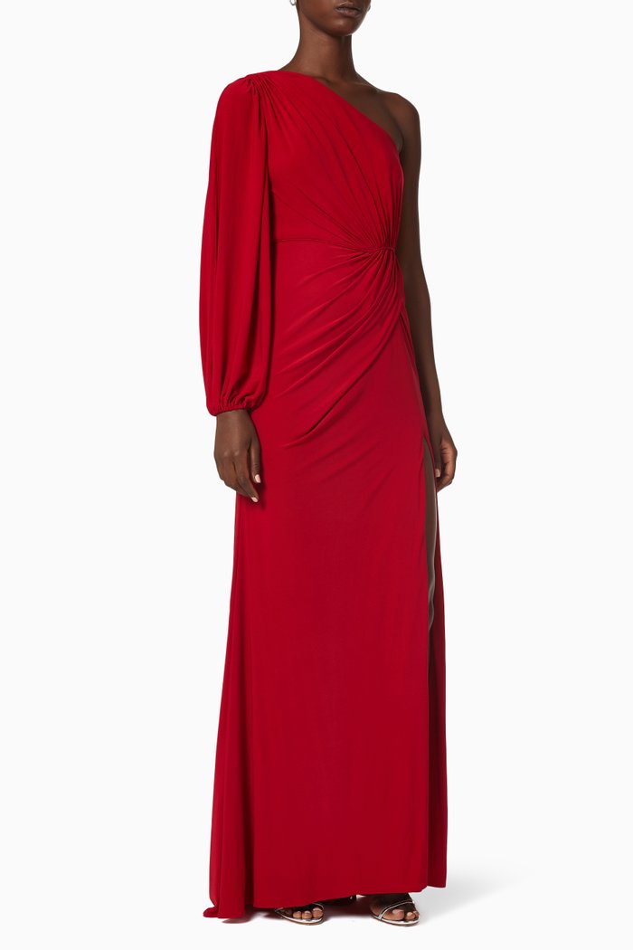 One Shoulder Puff Sleeve Faux Wrap Gown, Red