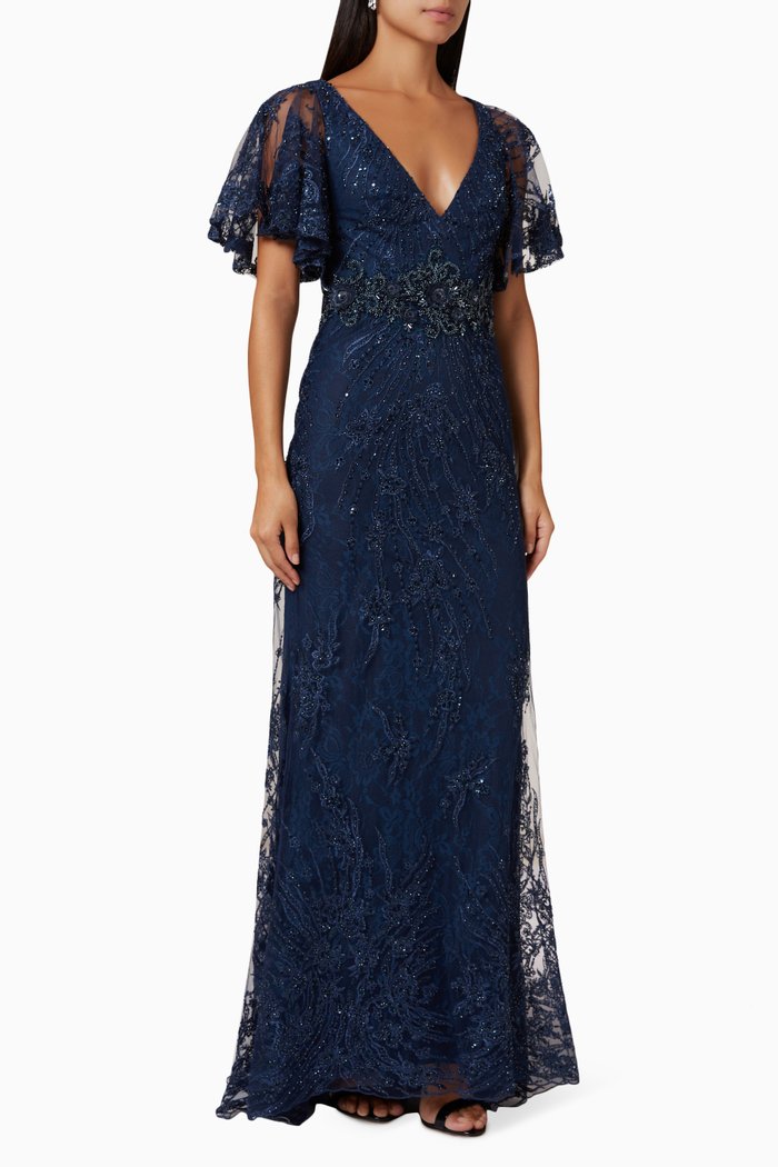 

Embellished Butterfly Sleeve Gown in Tulle, Blue