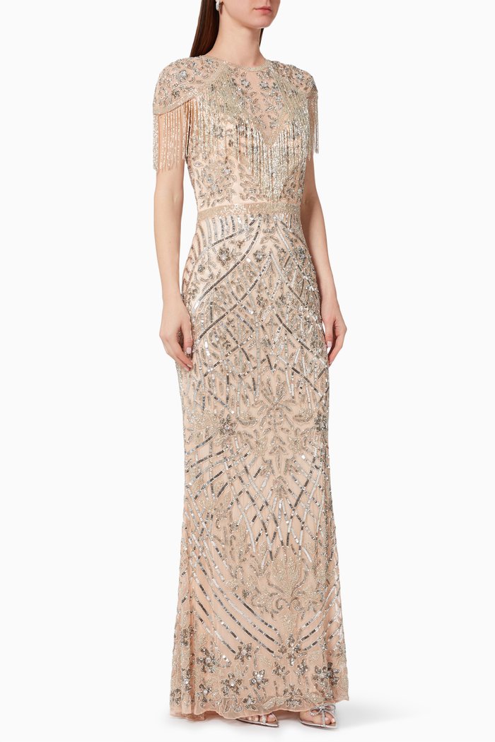 

Sequin Embroidered Gown in Tulle, Gold