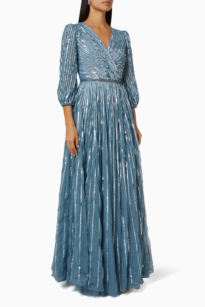 

Balloon Sleeves Embellished Gown in Tulle, Blue