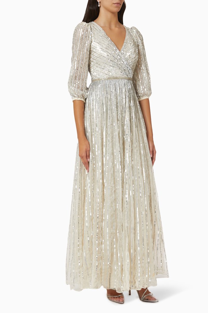 

Balloon Sleeves Embellished Gown in Tulle, Silver