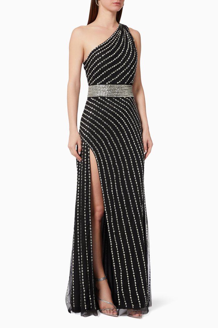 

Rhinestone One-shoulder Gown in Tulle, Black