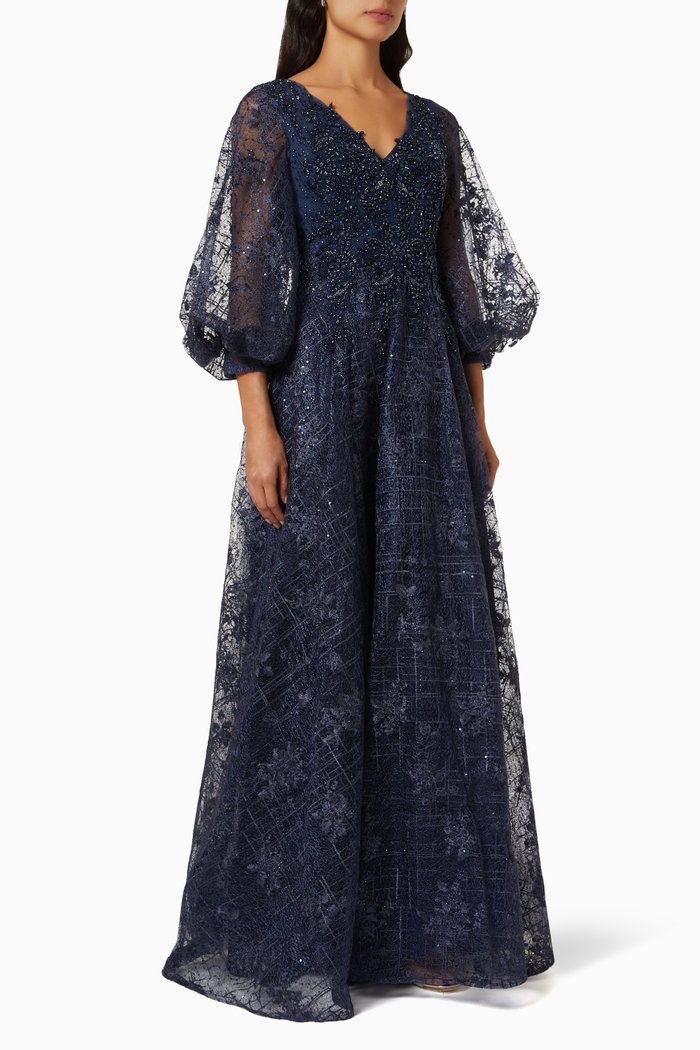 

Embellished Plunge Neck Gown, Blue