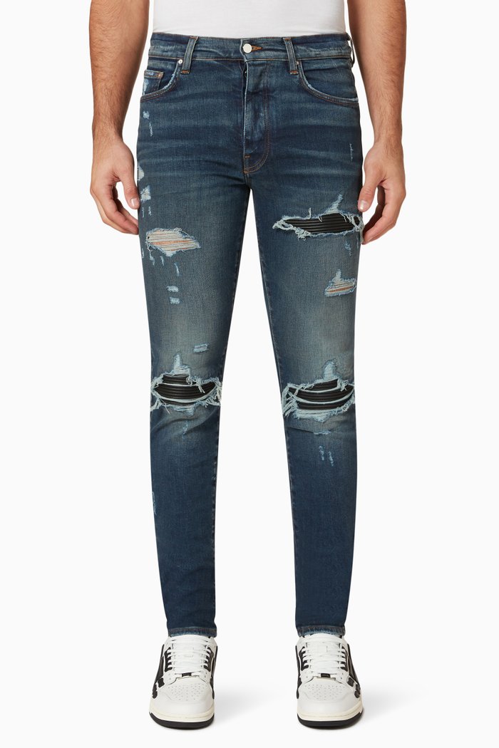 

MX1 Distressed Skinny Jeans in Stretch Denim & Leather, Blue