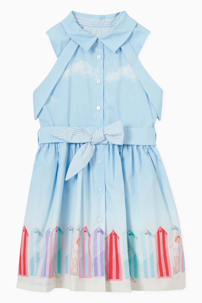 

Cloud Print Bow Detail Dress in Cotton, Blue