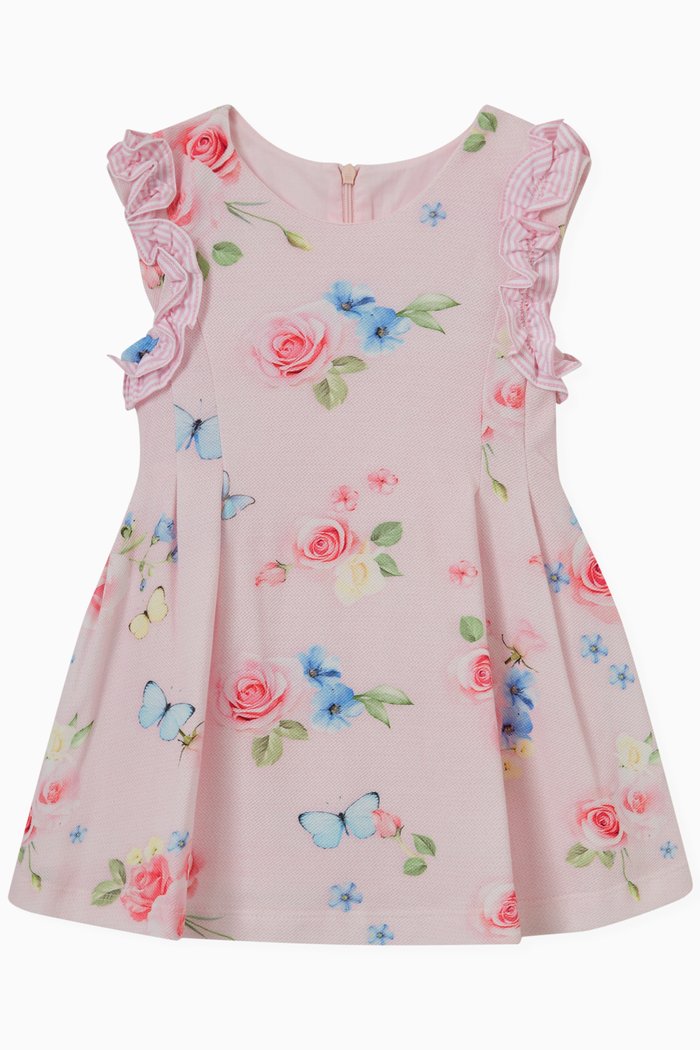 Ruffle Floral Print Dress in Cotton, Pink