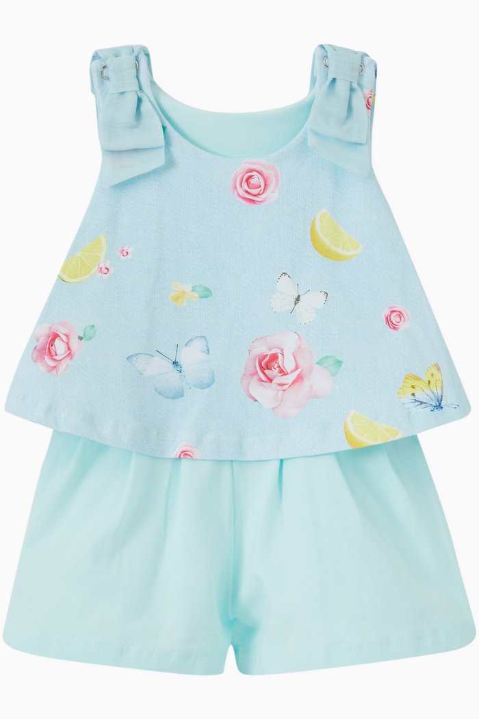 

Floral & Butterfly Print Playsuit in Cotton Jersey, Blue