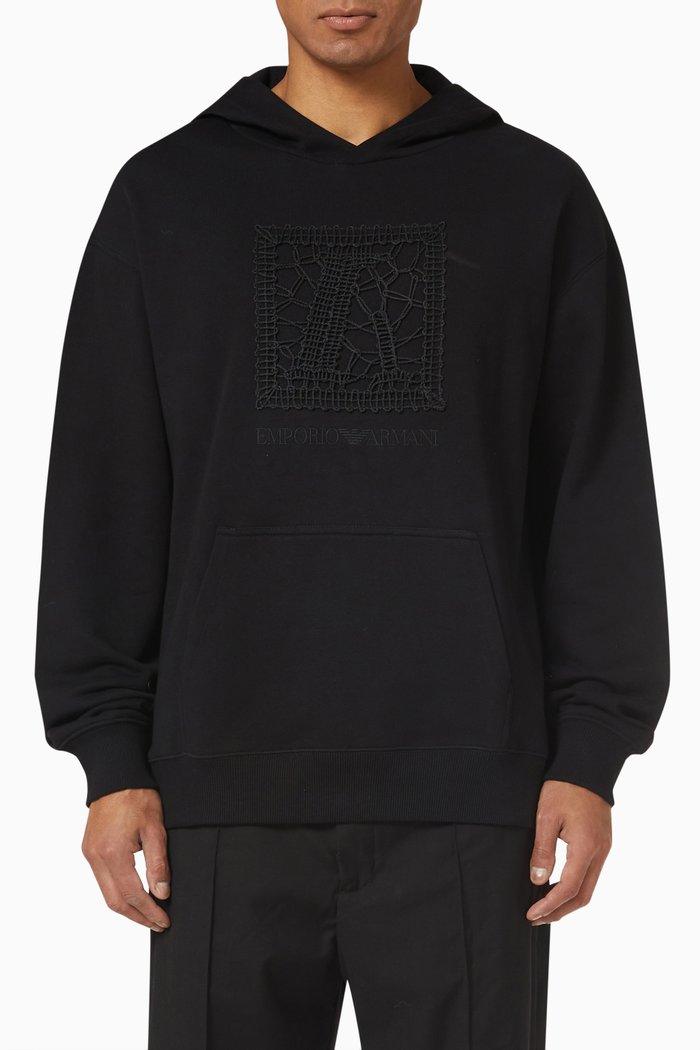 

Square Logo Embroidered Hoodie in Cotton Jersey, Black